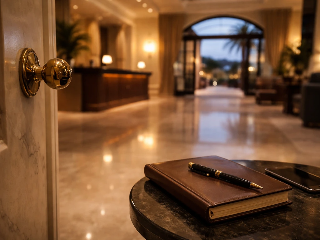 Minimal Malta hotel lobby scene with luxury pen and notebook, symbolizing hospitality investment and wealth interest.