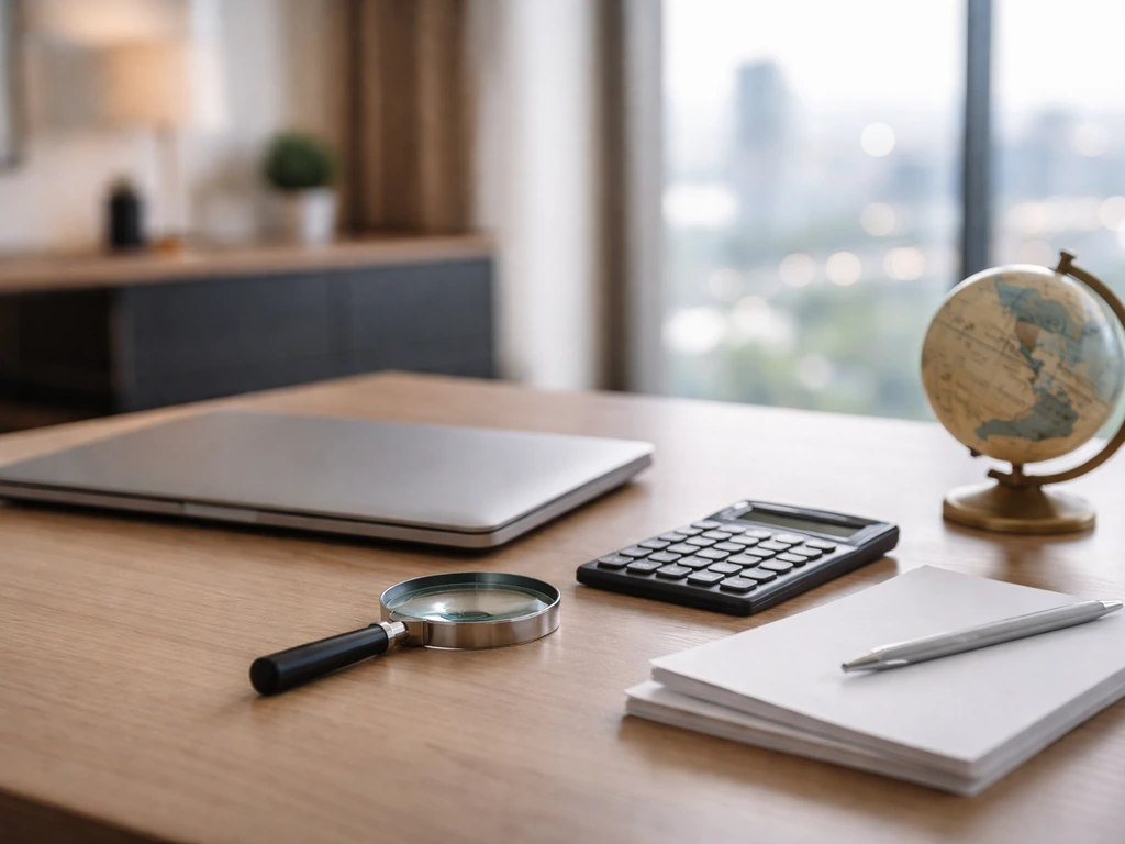 Anonymous desk with calculator, magnifying glass, blank papers, and blurred city office background.