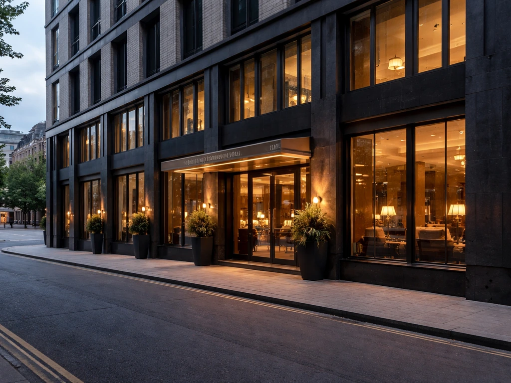 Exterior of the Stock Exchange Hotel in Manchester with warm window light at street level.