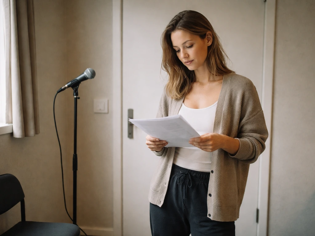 Actress in a quiet TV studio dressing area holding script pages near a microphone