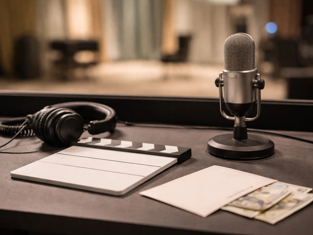 Minimal TV production desk with microphone, headphones, blank envelope, and partial banknotes in soft light.
