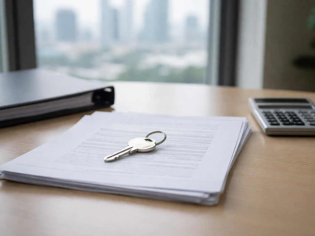 Minimal office scene with scattered Swedish-style documents, a house key, and a calculator suggesting divorce asset sett