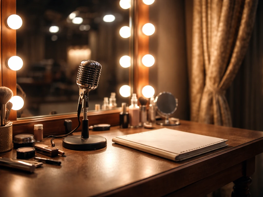 Empty telenovela studio desk with a microphone and warm lights, evoking actress earnings and media work.