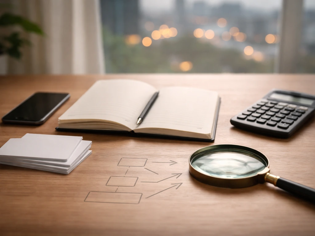 Minimal desk scene with calculator, magnifying glass, blank cards, and phone suggesting reverse-engineered wealth estima