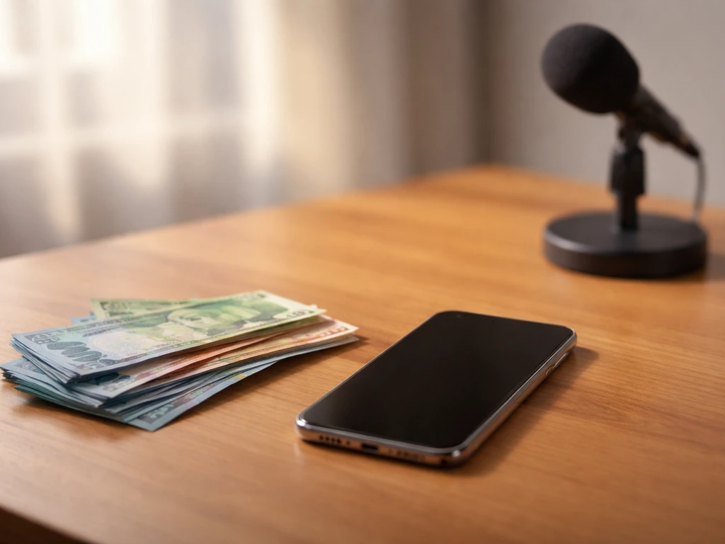 Minimal desk scene with a smartphone and scattered cash, symbolizing a PHP net worth estimate range.