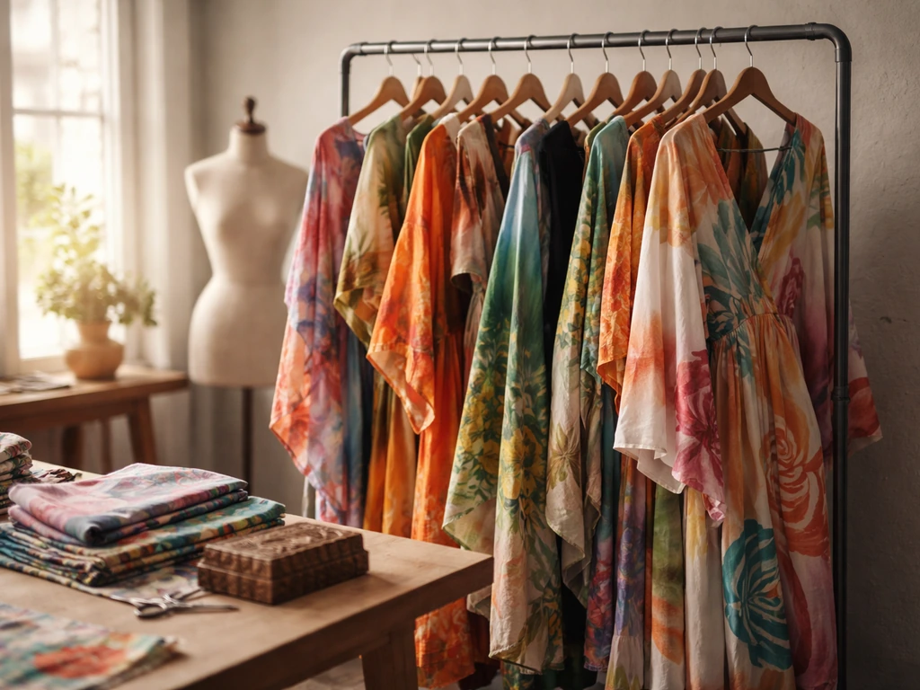 Colorful hand-printed fashion garments on a studio rack beside textile tools and fabric scraps.