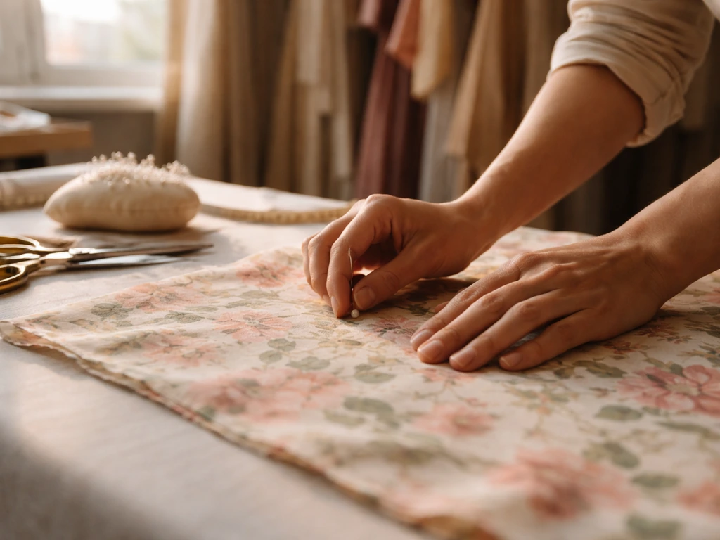 Hands pinning printed fabric in a quiet fashion studio with garments on racks, suggesting couture income streams.