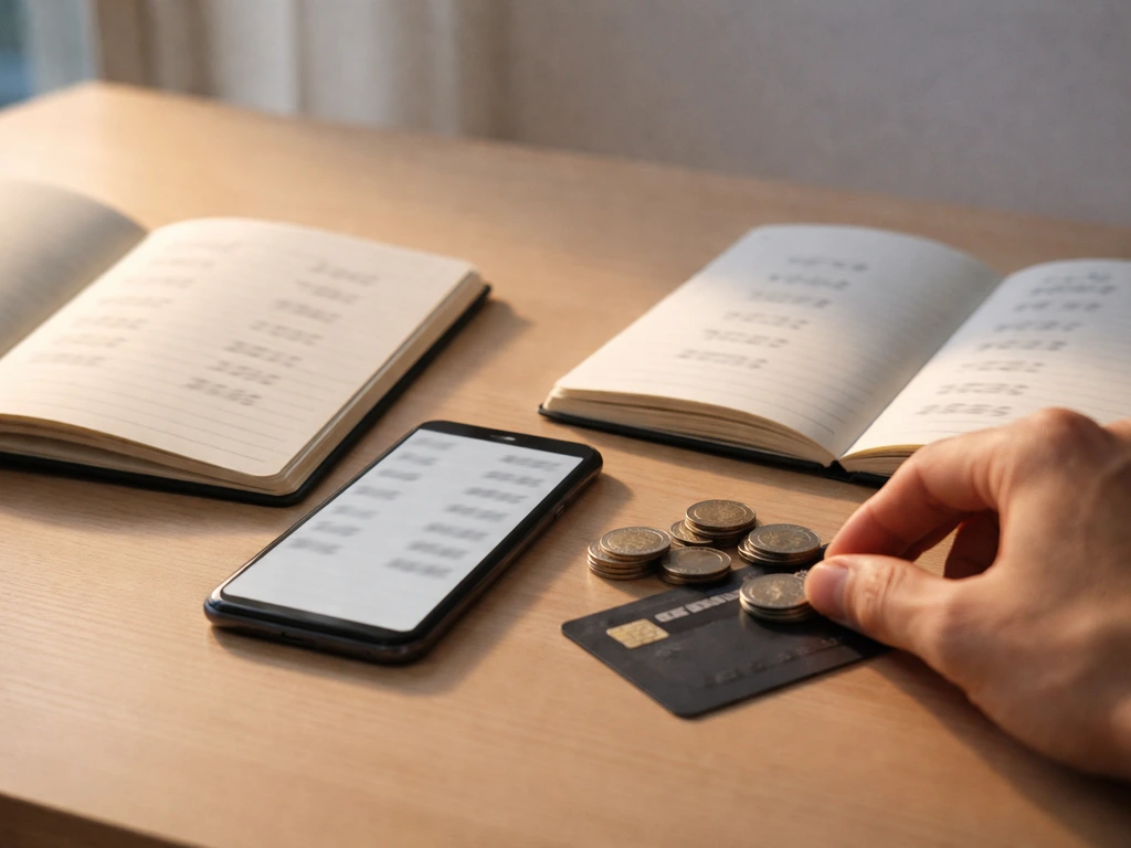 Minimal desk scene with coins and phone, suggesting conflicting money figures from different sources.