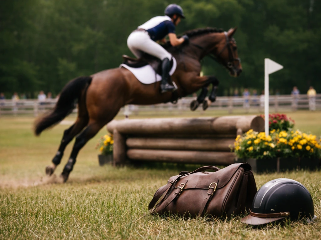 Equestrian rider jumping a hurdle at an outdoor eventing competition with riding gear nearby.