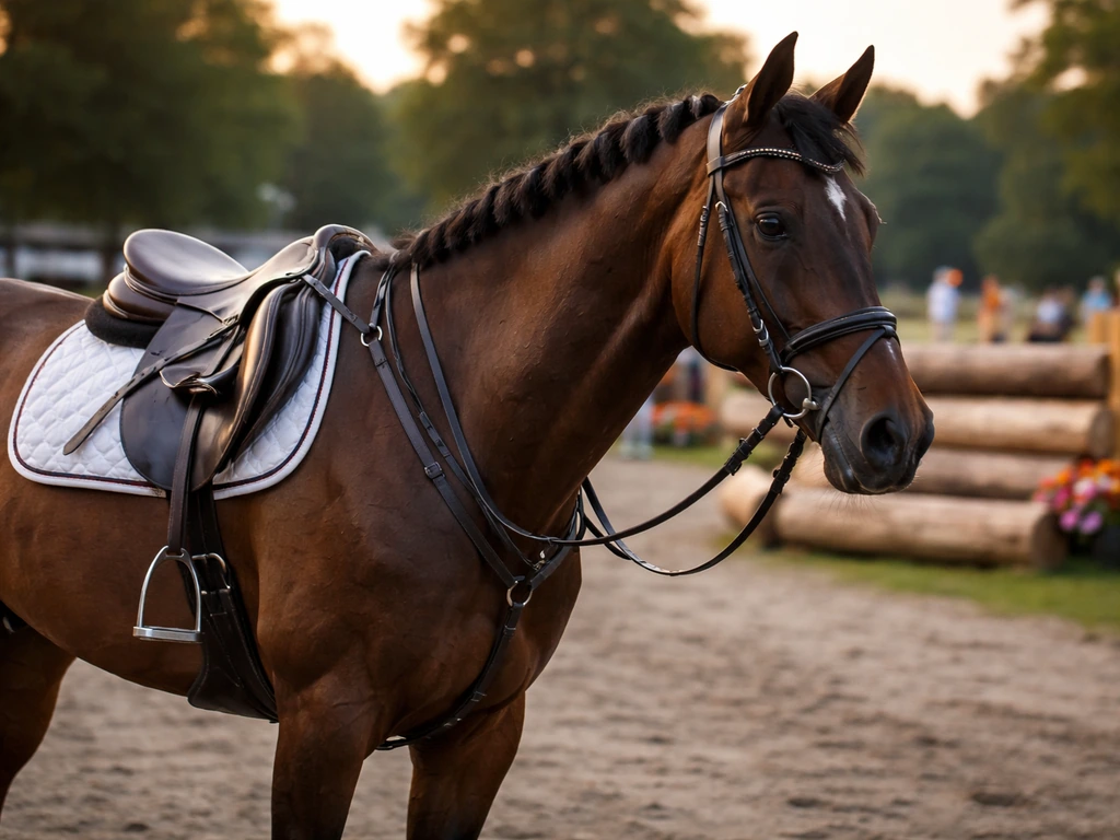 Eventing horse with saddle and bridle near an outdoor competition obstacle at golden hour