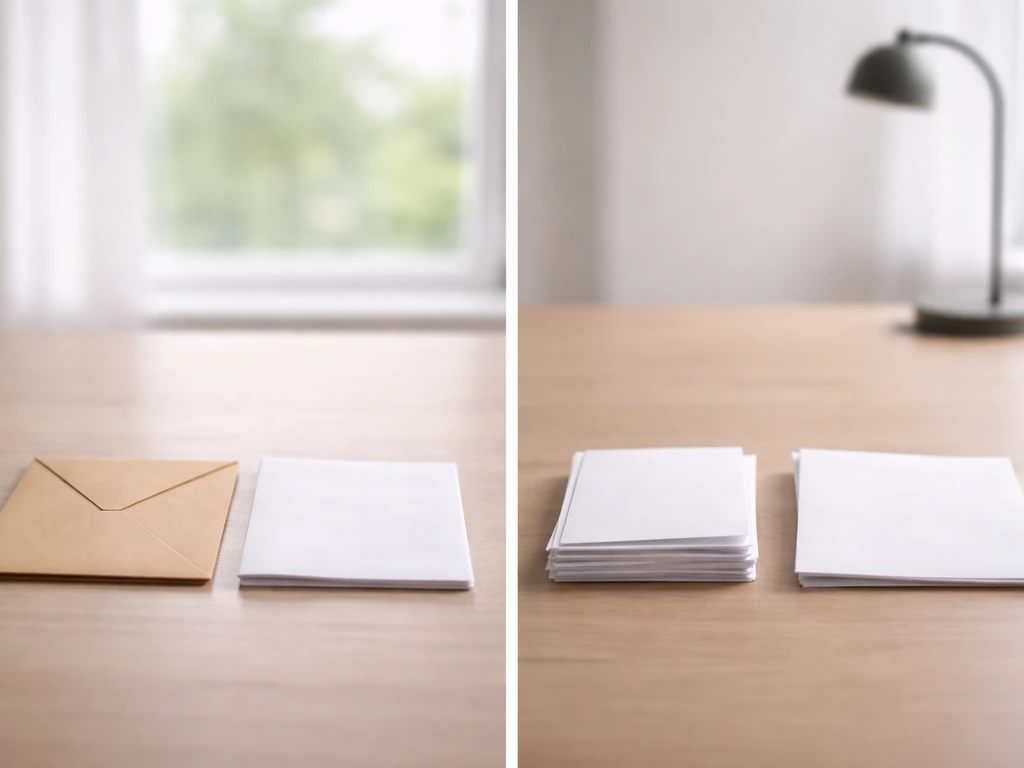 Minimal desk scene with scattered envelopes and two out-of-focus value cards suggesting differing net-worth estimates