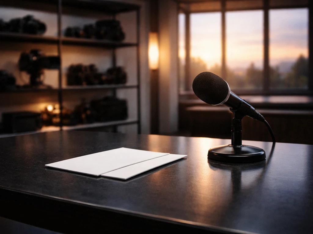 Minimal photo of a TV studio desk setup with a microphone and soft golden light, symbolizing media wealth analysis.