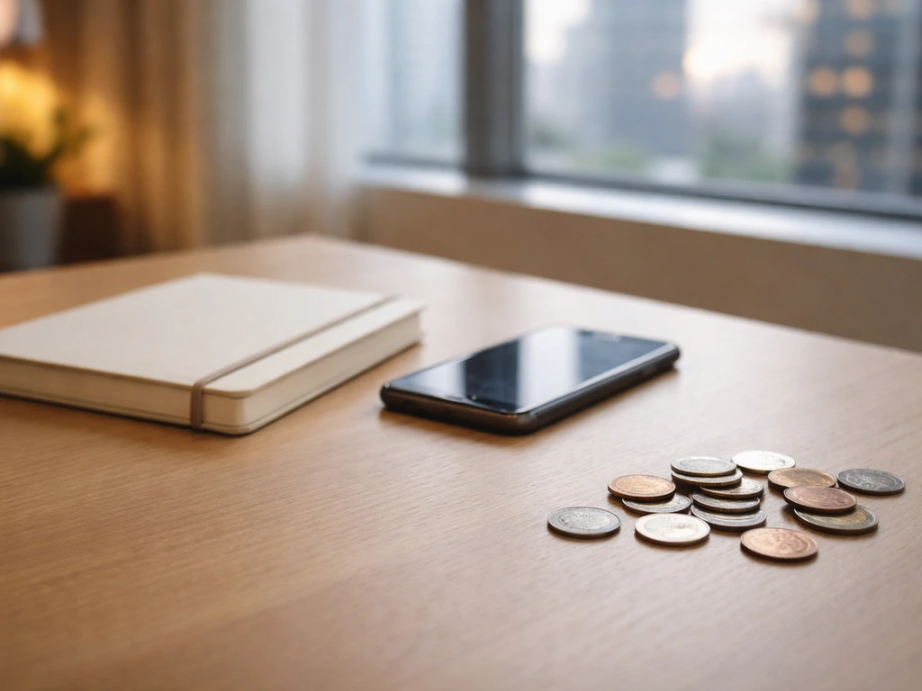 Minimal photo of a neutral desk with a closed notebook, smartphone, and scattered coins symbolizing a net worth range.