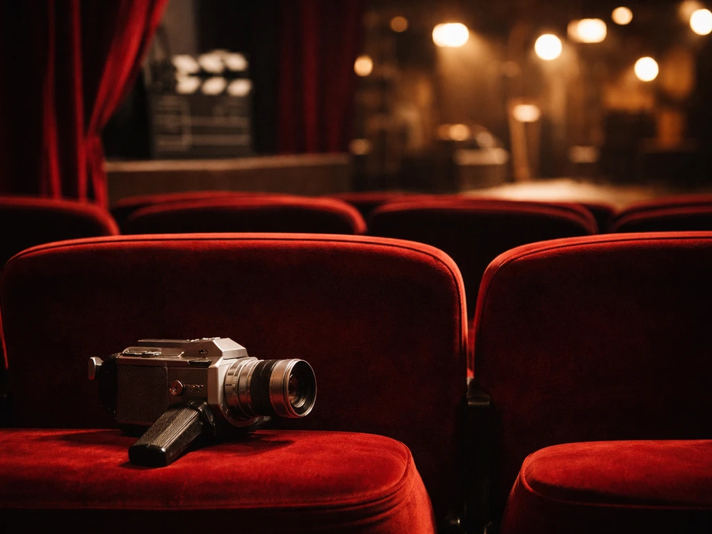Vintage movie theater scene with a camera and soft set lights, suggesting film work as income source