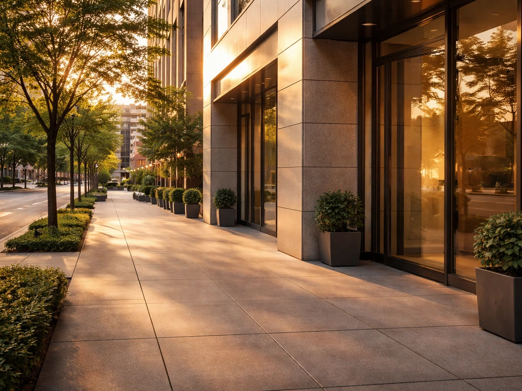 Minimal photo of a quiet city business street with subtle luxury lifestyle vibe, suggesting career inflection and financ