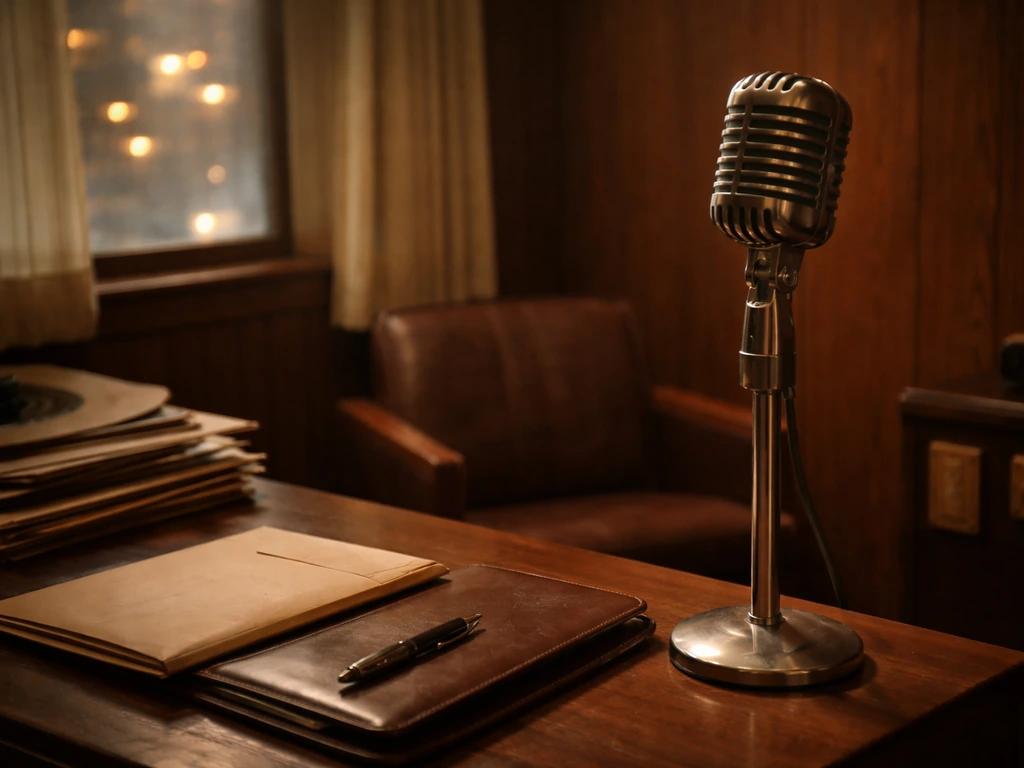 Vintage recording studio desk with microphone and records, plus sealed envelope and leather portfolio.