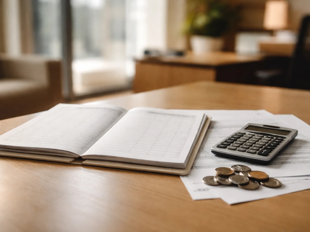 Blank financial documents, calculator, and coins on a desk symbolizing assets minus liabilities at death