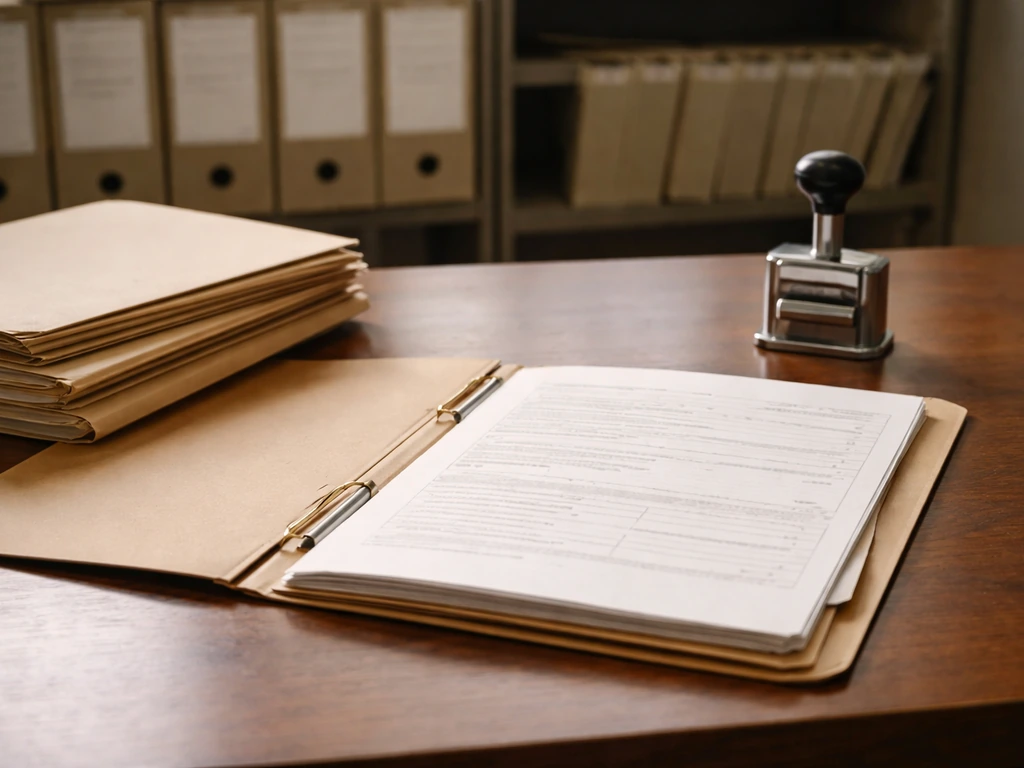 Open probate record folder on a desk with stacked documents and archival boxes in soft focus.