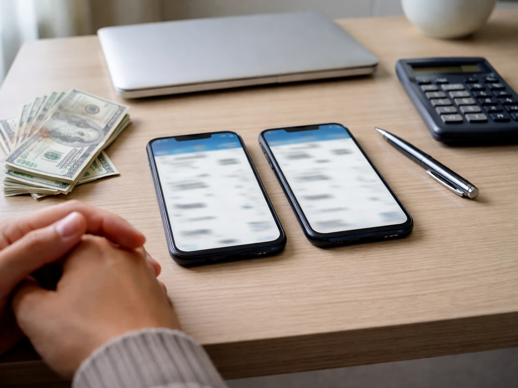 Hands on a desk comparing two phones with blurred finance pages and scattered money.