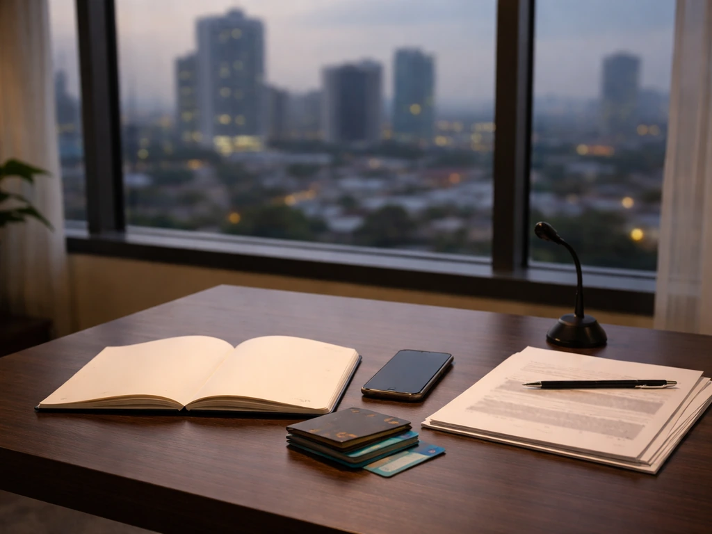 Modern office desk with smartphone, wallet and bank cards beside a dim city skyline, symbolizing net-worth verification