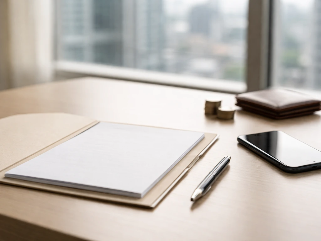 Minimal research scene with finance documents and a smartphone, symbolizing verification of a fintech/banking identity.