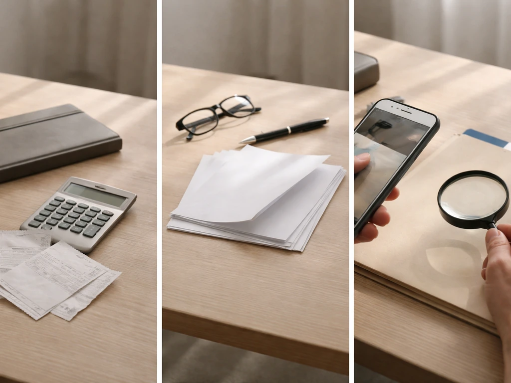 Minimal photo showing three related factors behind financial figure discrepancies: data, assumptions, and verification.