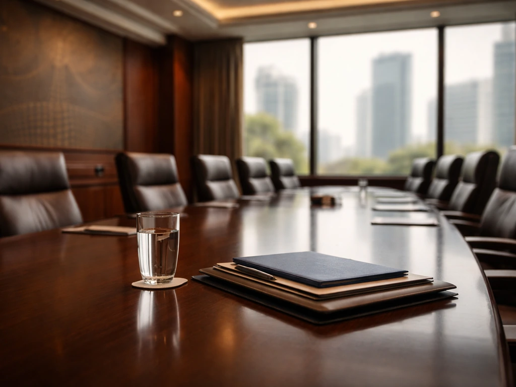 Nigerian executive boardroom with polished table, documents, and a subtle luxury banking atmosphere