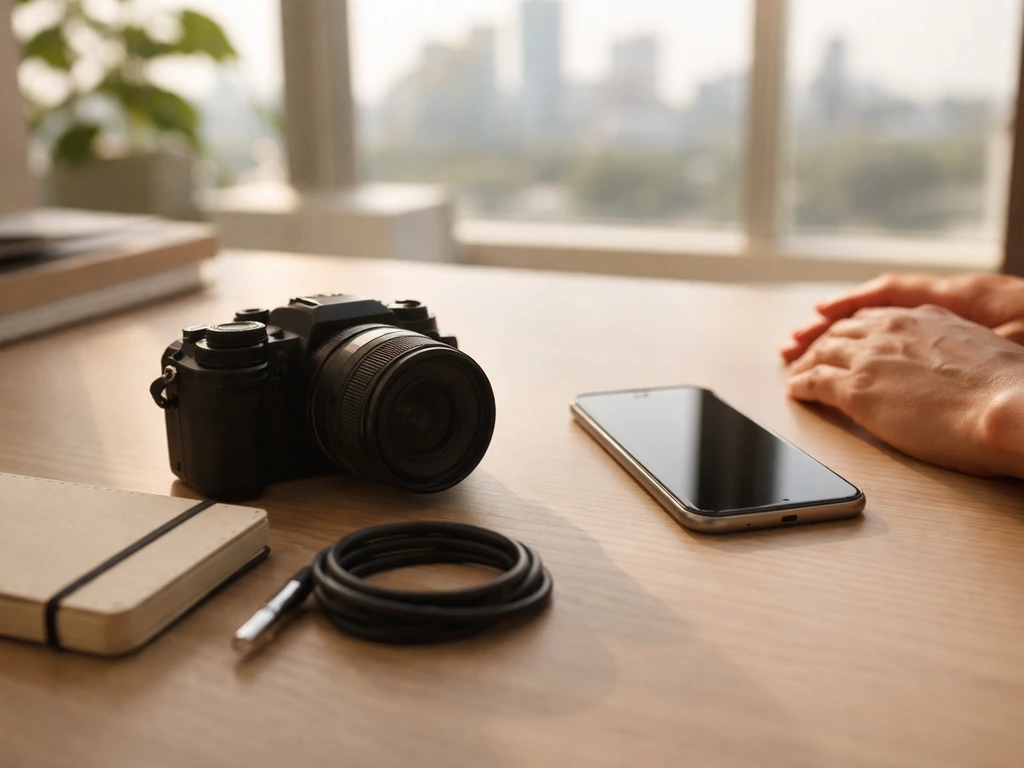Miami-style office desk with a camera and smartphone showing content planning, symbolizing the net worth analysis