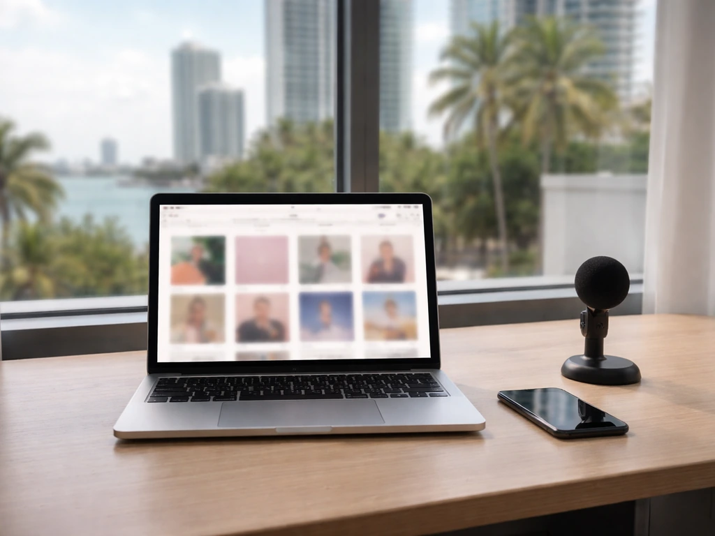 Minimal Miami entrepreneur workspace with laptop, smartphone, and a desk microphone suggesting social media agency work