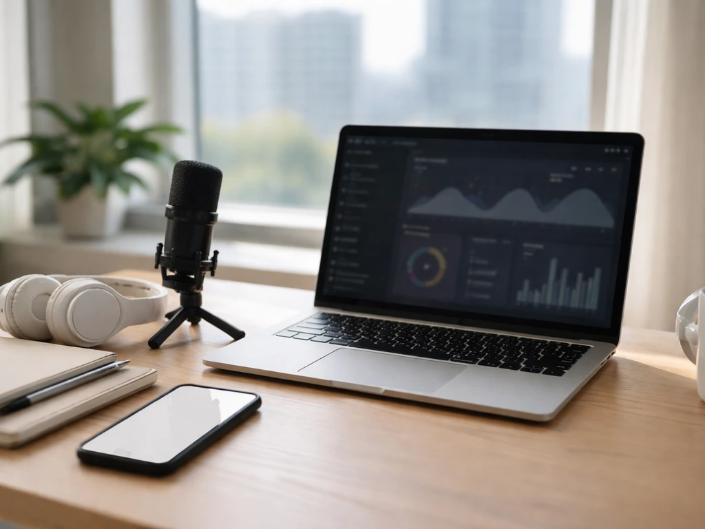 Minimal desk scene showing social media agency work materials and a laptop with abstract analytics visuals