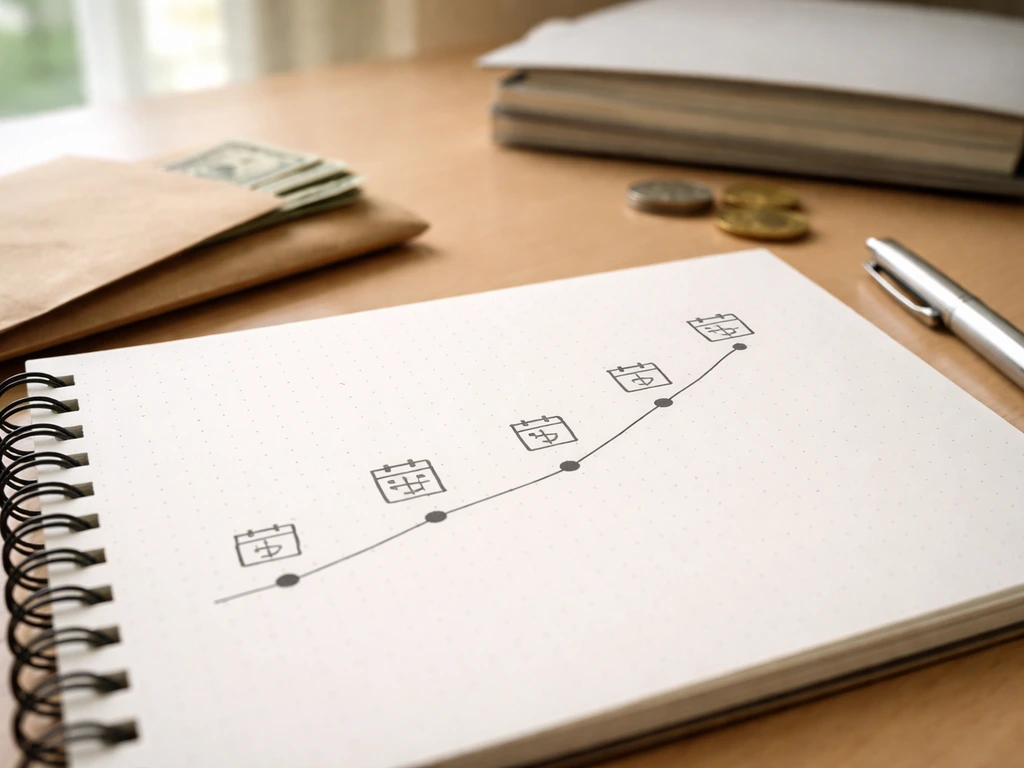 Minimal photo of a notebook with a timeline of milestones, money envelope and pen on a desk