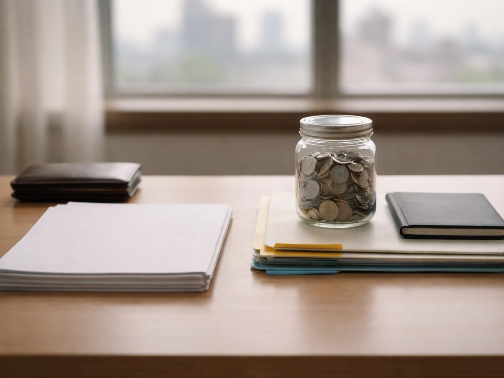 Minimal desk scene with wallet, coins in a jar, and papers symbolizing assets versus liabilities