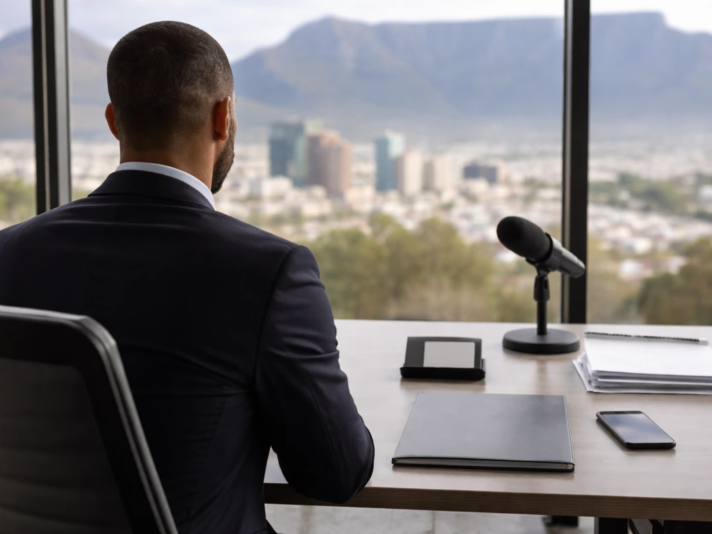 Back view of a suited executive at a minimal office desk with documents and a microphone, city skyline blurred.