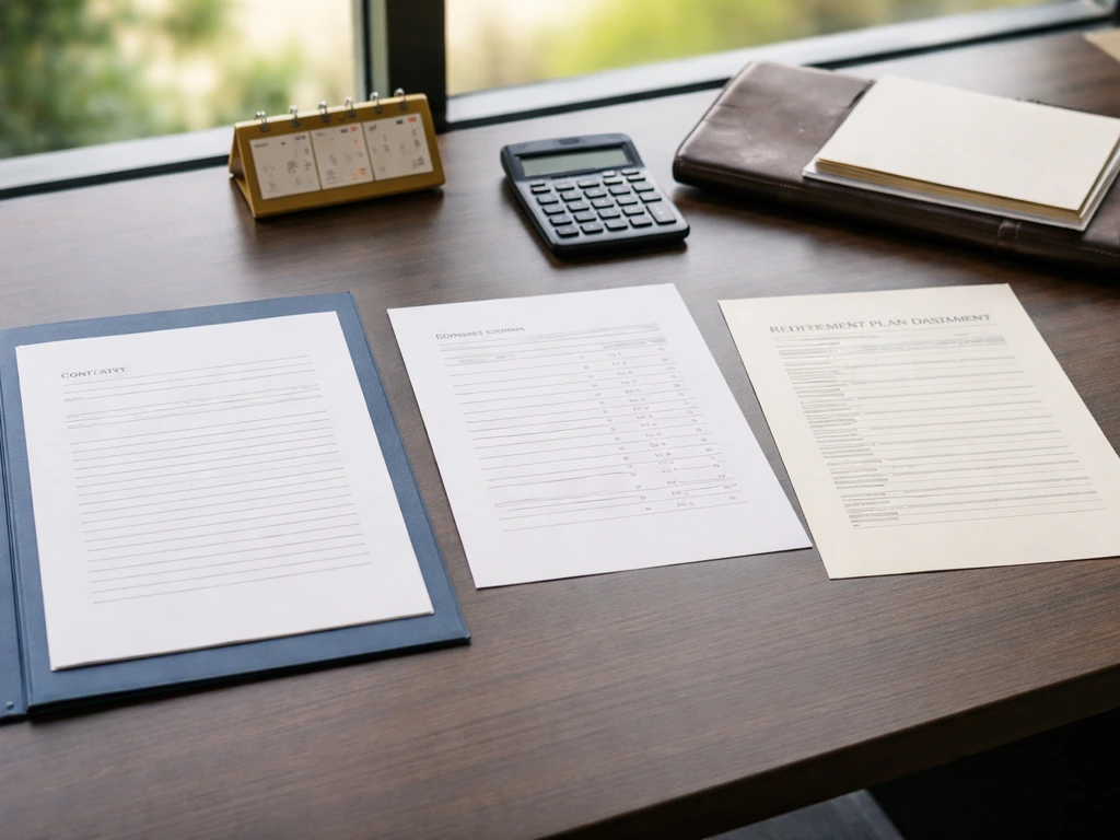 Minimal executive desk with blank contract, bonus, and retirement-style documents near a window.