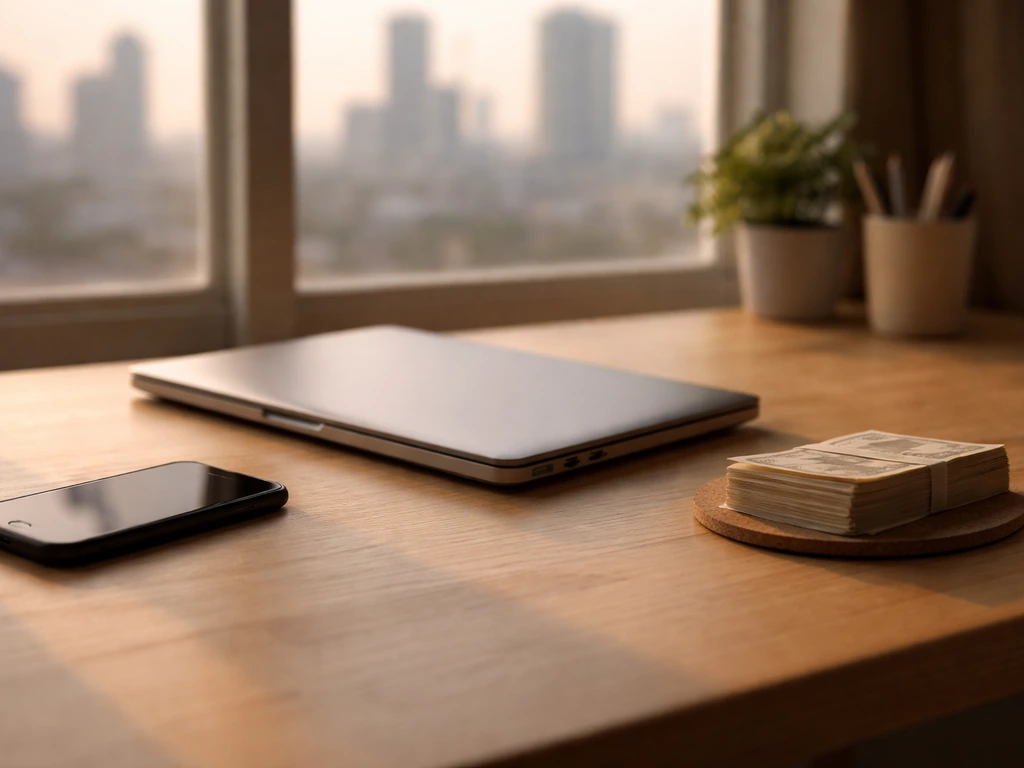 Minimal desk scene with laptop and phone beside cash-like notes, suggesting financial estimates