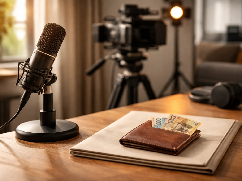 Minimal photo of a film set style studio desk with a microphone and scattered cash-free luxury cues
