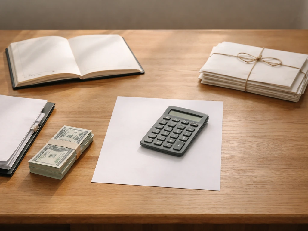 Minimal scene showing assets vs liabilities concept with money and documents on a desk