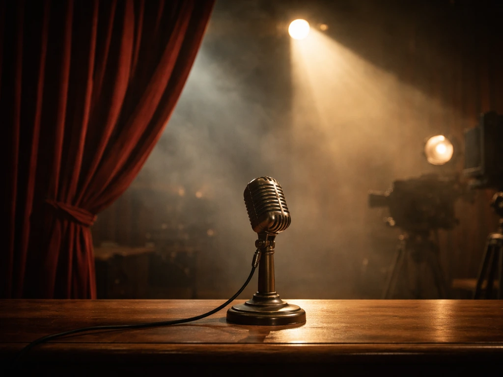 Vintage British film studio scene with a brass microphone and red velvet curtain in soft light