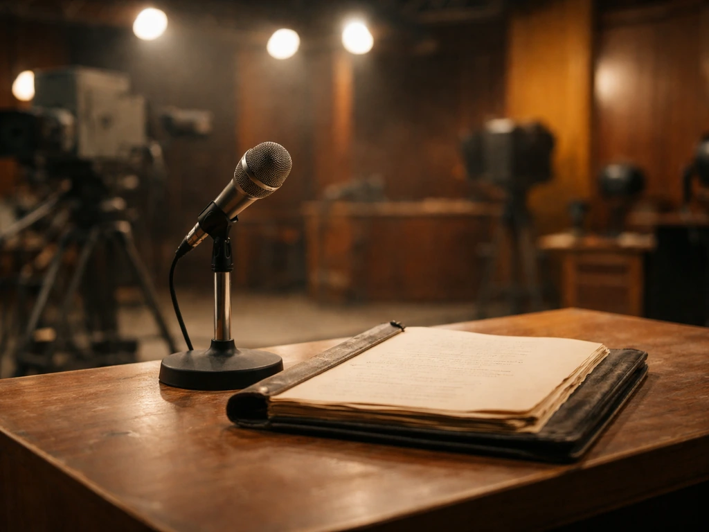 Vintage TV studio desk with an old microphone and scripts, symbolic of British entertainment careers and finances.