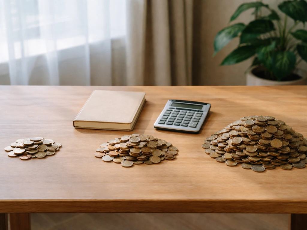 Three separated coin piles on a desk symbolize a lower, midpoint, and upper net-worth range.