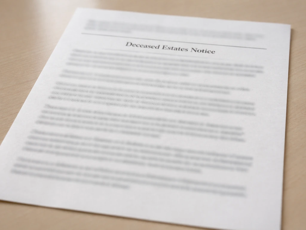 Close-up of an anonymous UK government newspaper-style notice page about a deceased estate