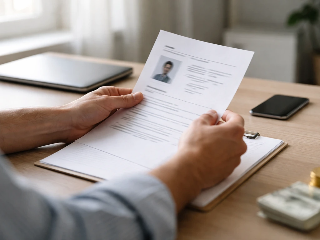 Person reviewing financial documents at a desk with a notepad and phone, symbolizing verification steps.