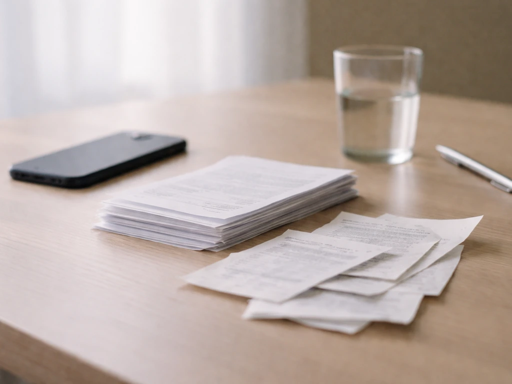 Minimal desk scene with anonymous smartphone and scattered cash receipts symbolizing varying net worth estimates.