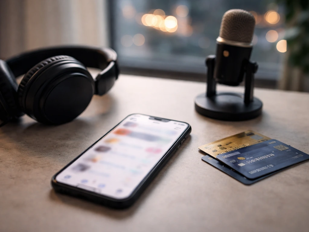 Minimal close-up of a smartphone, credit cards, and a small studio microphone suggesting influencer monetization