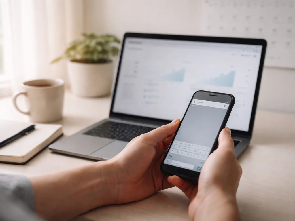An unbranded desk setup with phone and laptop showing blurred analytics, suggesting checking a social media income estim