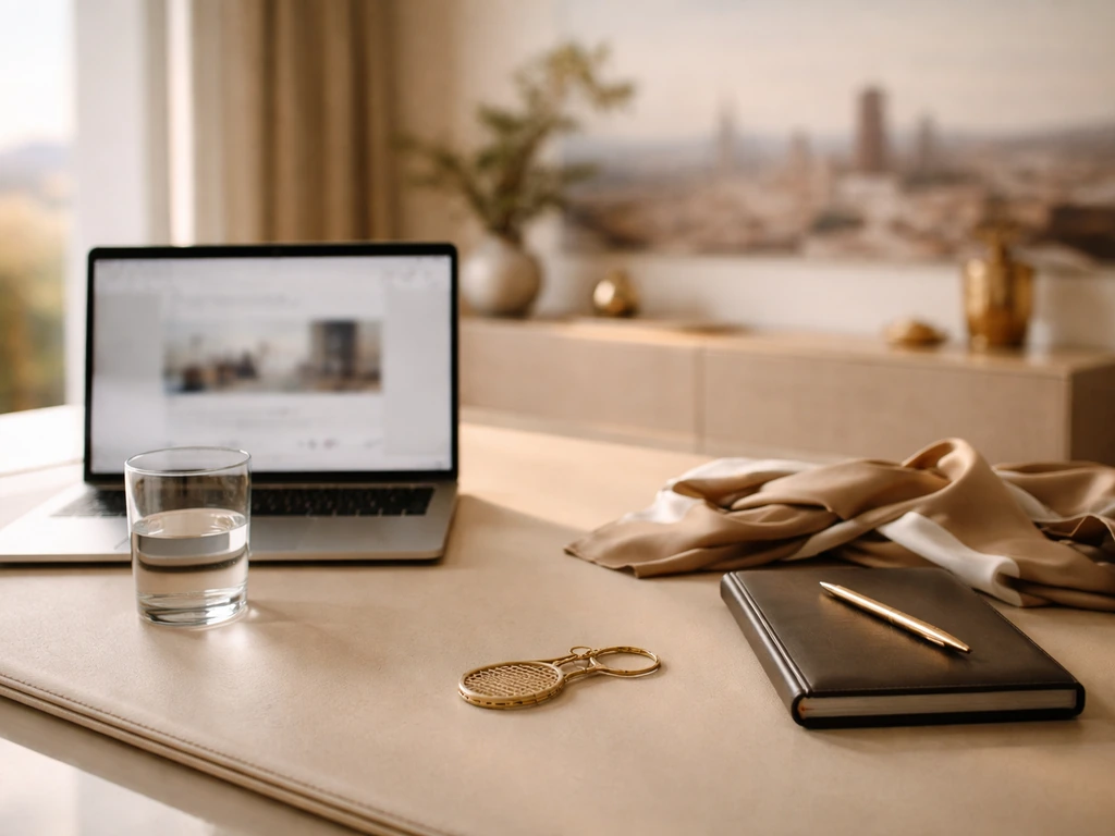 Luxury office desk scene symbolizing wealth and public-profile research, with laptop and subtle tennis charm.