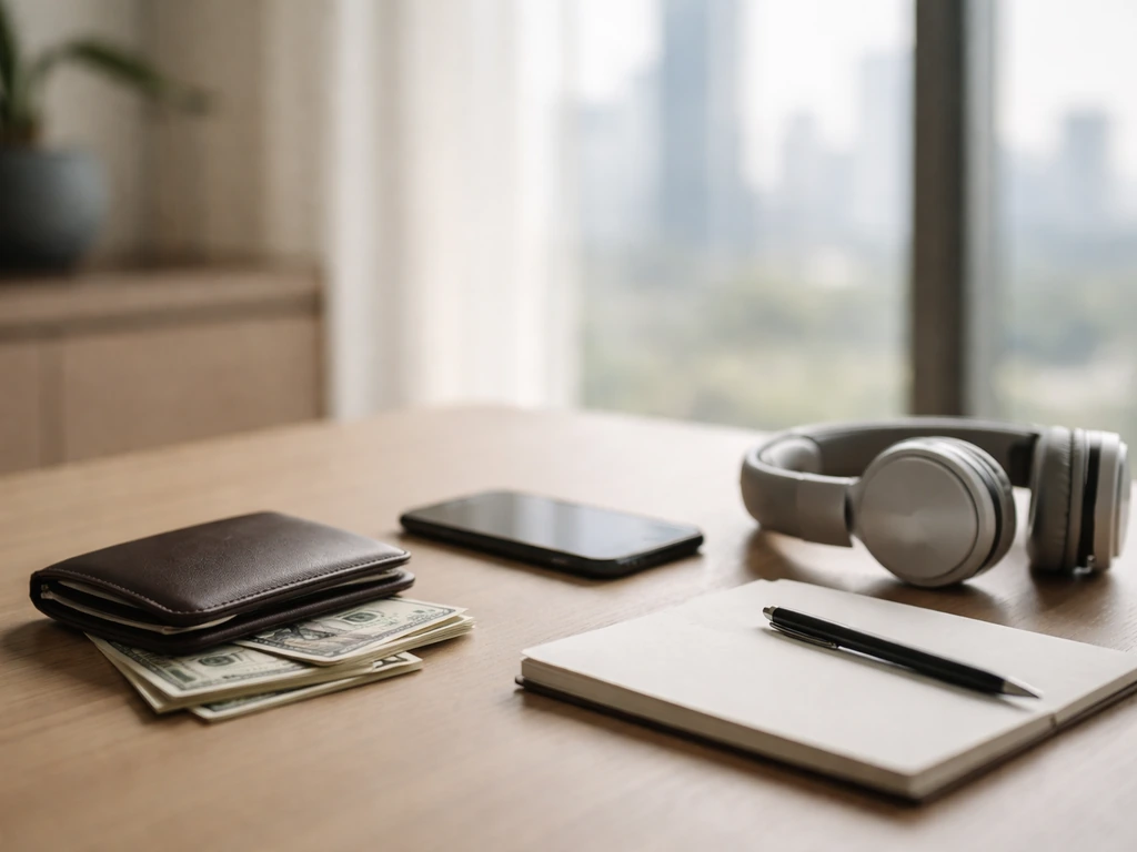 Minimal desk scene with a wallet and cash near a smartphone, softly lit by a window and city blur.