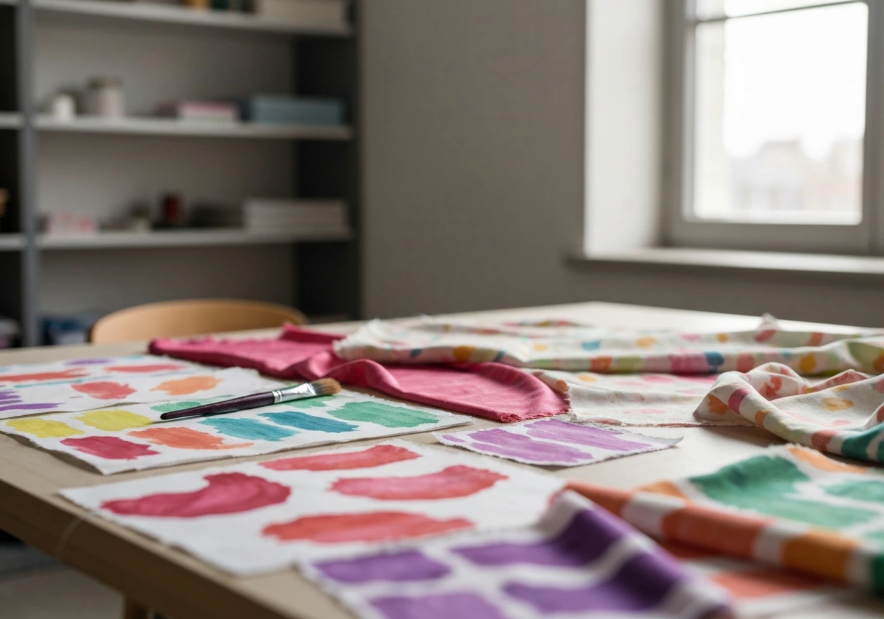 Vivid hand-painted fabric swatches on a studio table, evoking a colorful fashion design legacy