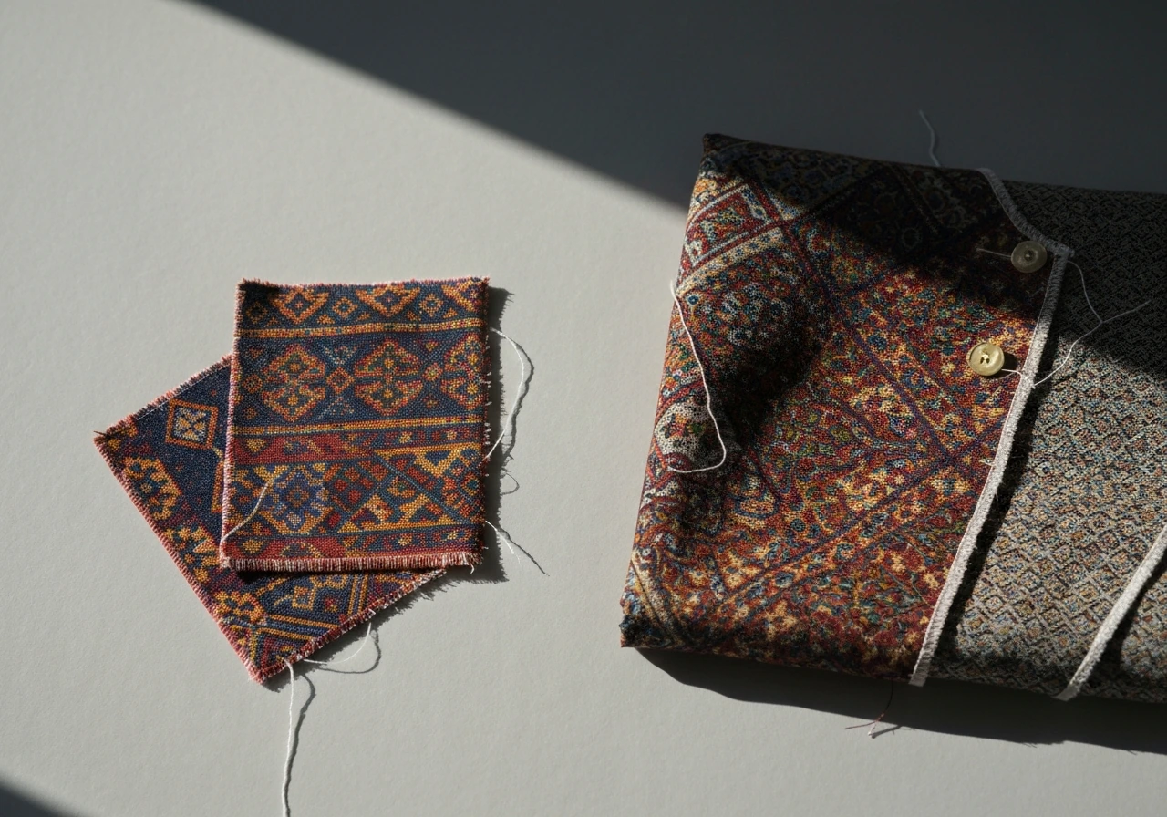 Close-up of patterned textile prints and a folded garment laid out on a plain fabric surface.