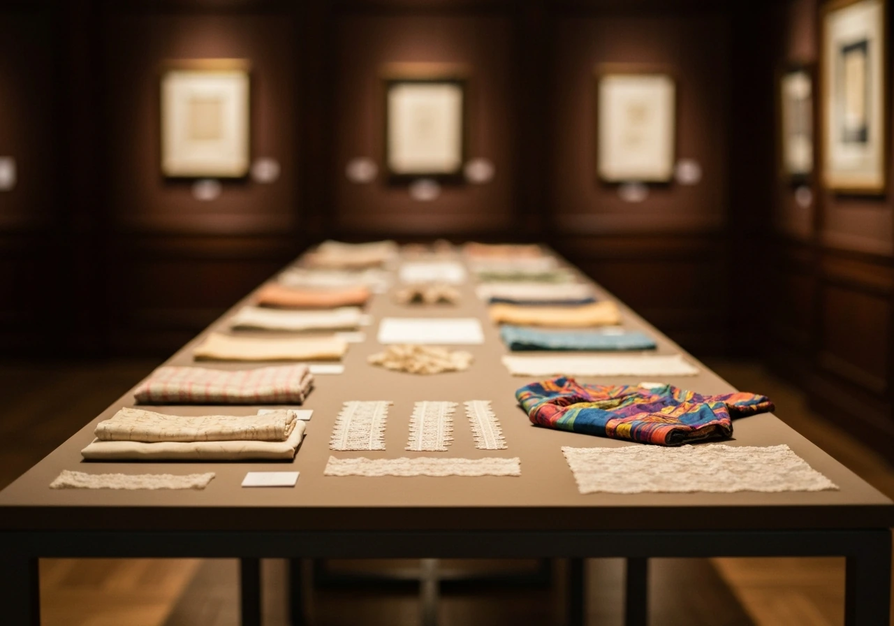 Auction gallery lot under bright lights with fashion textiles and a subtle luxury atmosphere